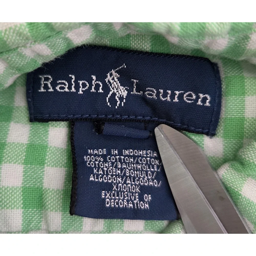 Boys Ralph Lauren Size 18 Months Green Gingham Button-Up Shirt Orange Pony Logo